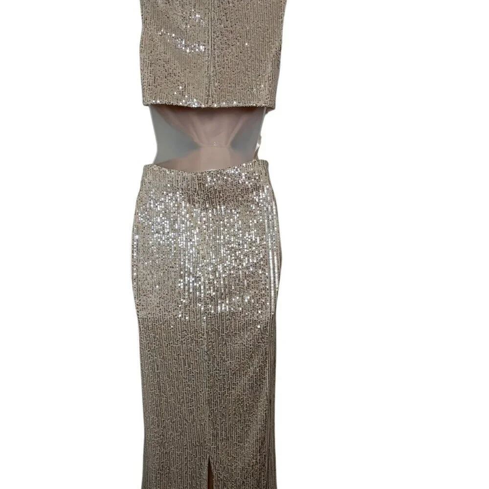 Ieena for Mac Duggal Sequin Cutout Midi Dress Nude Silver Size 0 - Picture 4 of 5